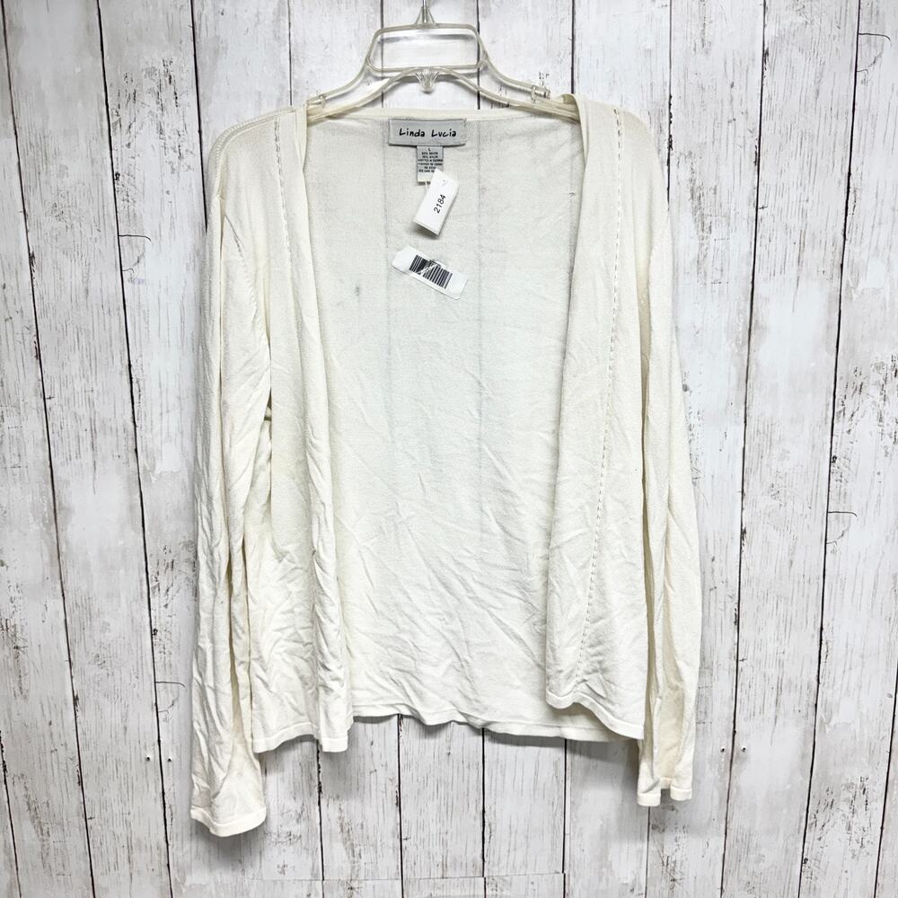Linda Lucia Sweater Women Size Large Ivory Cream Detail Trim Cardigan Casual